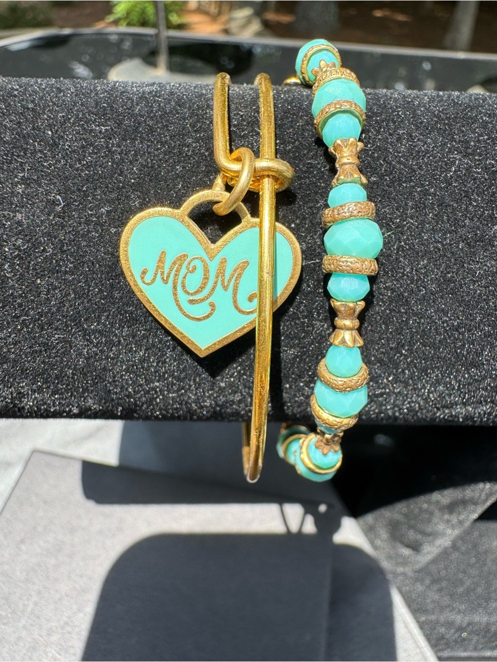 Alex and Ani Turquoise and Gold MOM Heart Bracelet Set